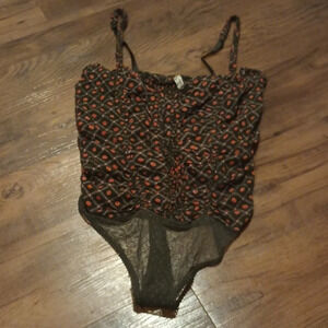 Free People Green Floral Gathered Corset Fit Spaghetti Strap Bodysuit A36